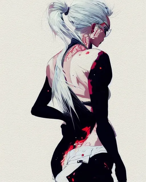 Image similar to a ultradetailed beautiful back painting of a stylish woman with white hair in a pony tail, she is wearing jeans, by conrad roset, greg rutkowski and makoto shinkai trending on artstation