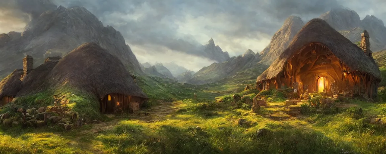 Prompt: most epic dramatic bag end shire landscape. epic cinematic hyperrealism masterpiece. realistic poster with shaded lighting by craig mallismo, artgerm, jeremy lipkin and michael garmash, unreal engine, radiant light, detailed and complex environment, digital art, art station trends