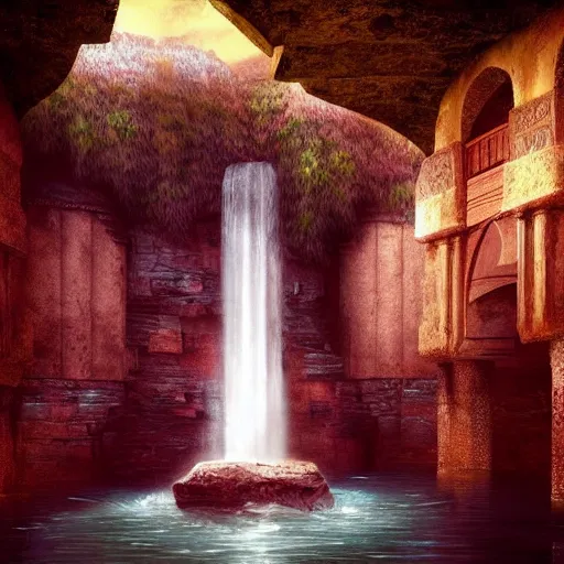 Image similar to a waterfall in the interior of a ancient arabian structure, epic retrowave art, trending on art station