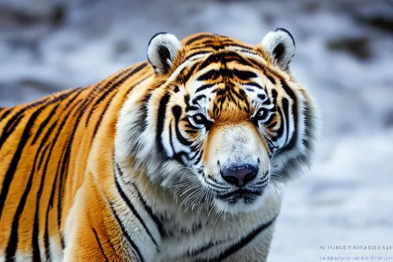 Image similar to a tiger polar bear!!! hybrid! hyper realistic!! realistic lighting!! wildlife photographer of the year!!! bold natural colors, national geographic, hd, wide angle, 8 k