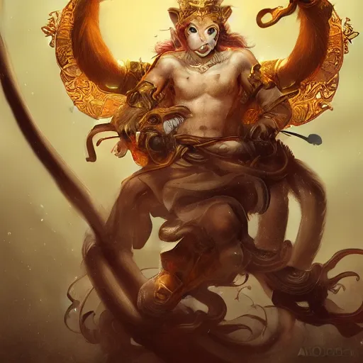 Image similar to Sun Wukong, monkey king, divine, golden ,symmetrical, D&D character art, portrait, digital painting, Peter Mohrbacher, Alphonse Mucha, Brian Froud, Yoshitaka Amano, Kim Keever, Victo Ngai, James Jean