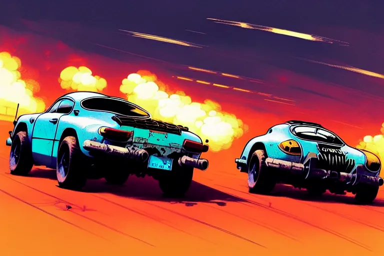 Image similar to mad max's alpine a 1 1 0 : : speeding, firing guns, lights on : : by ilya kuvshinov, rossdraws, artgerm, greg rutkowski makoto shinkai takashi takeuchi studio ghibli, akihiko yoshida : :