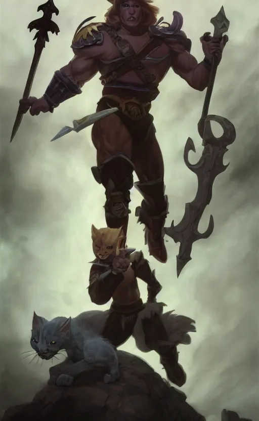 Image similar to Full body centered uncut character pose of mysterious-eerie-ominous He-Man, He-Man is holding the Power Sword in his right hand, He-Man rides the Battle Cat, dark grey shadowy smokey background, direct natural lighting, cinematic, Epic, ultra-detailed, sharp focus, colored illustration, artwork by Jordan Grimmer and Greg Rutkowski and Alphonse Mucha