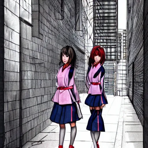 Image similar to a perfect, realistic professional digital sketch of a Japanese schoolgirls posing in a sci-fi alleyway, style of Marvel, full length, by pen and watercolor, by a professional American senior artist on ArtStation, a high-quality hollywood-style sketch, on high-quality paper