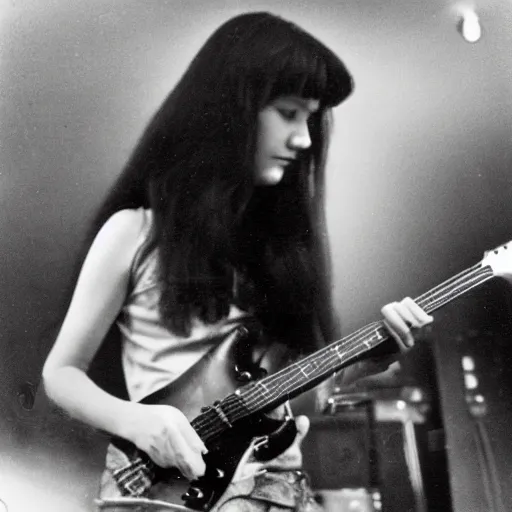 Prompt: 19-year-old girl, long shaggy black hair, playing electric guitar, stoner rock concert, proto-metal, doom metal, live on stage, super 8mm, 1973
