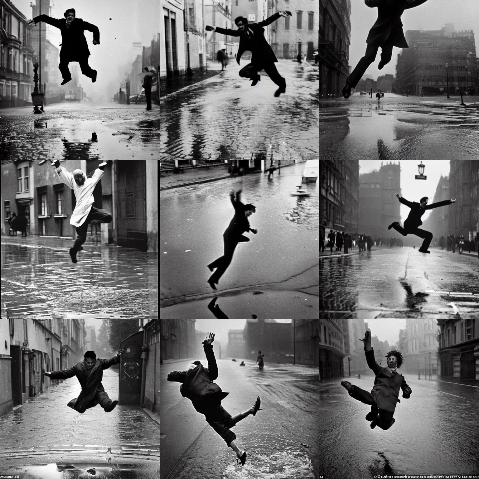 Prompt: A man photographed in the split second of leaping over a large puddle in the street, the decisive moment, photographed by Henri Cartier-Bresson on a Leica camera