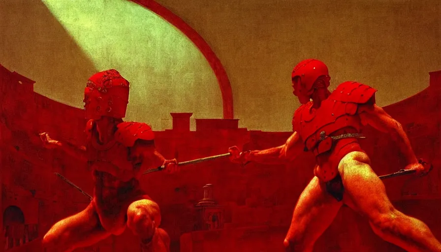 Image similar to only with red, a red gladiator in a crowded roman amphitheatre, crowd cheers him, in the style of beksinski and edward hopper and rodcenko and yue minjun, intricate and epic composition, red by caravaggio, highly detailed, masterpiece, red light, artstation