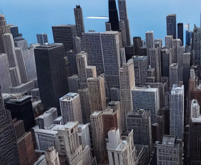 Image similar to 4 k hd, high detail photograph of chicago, shot with sigma f / 4. 2, 2 5 0 mm sharp lens, wide shot, volumetric lighting, high level texture render, unreal engine