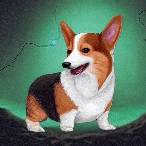 Prompt: a corgi as an eldtrich horror deep in a cave only the face of the corgi illuminated by a torch, realistic, creepy