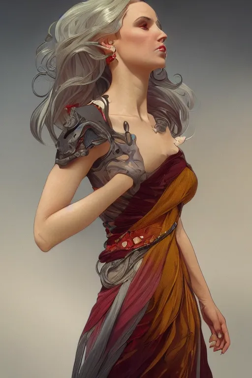 Image similar to a girl wearing a golden dress, grey hair, red necktie, cinematic, stunning, highly detailed, digital painting, artstation, smooth, hard focus, full body shot, illustration, art by artgerm and greg rutkowski and alphonse mucha