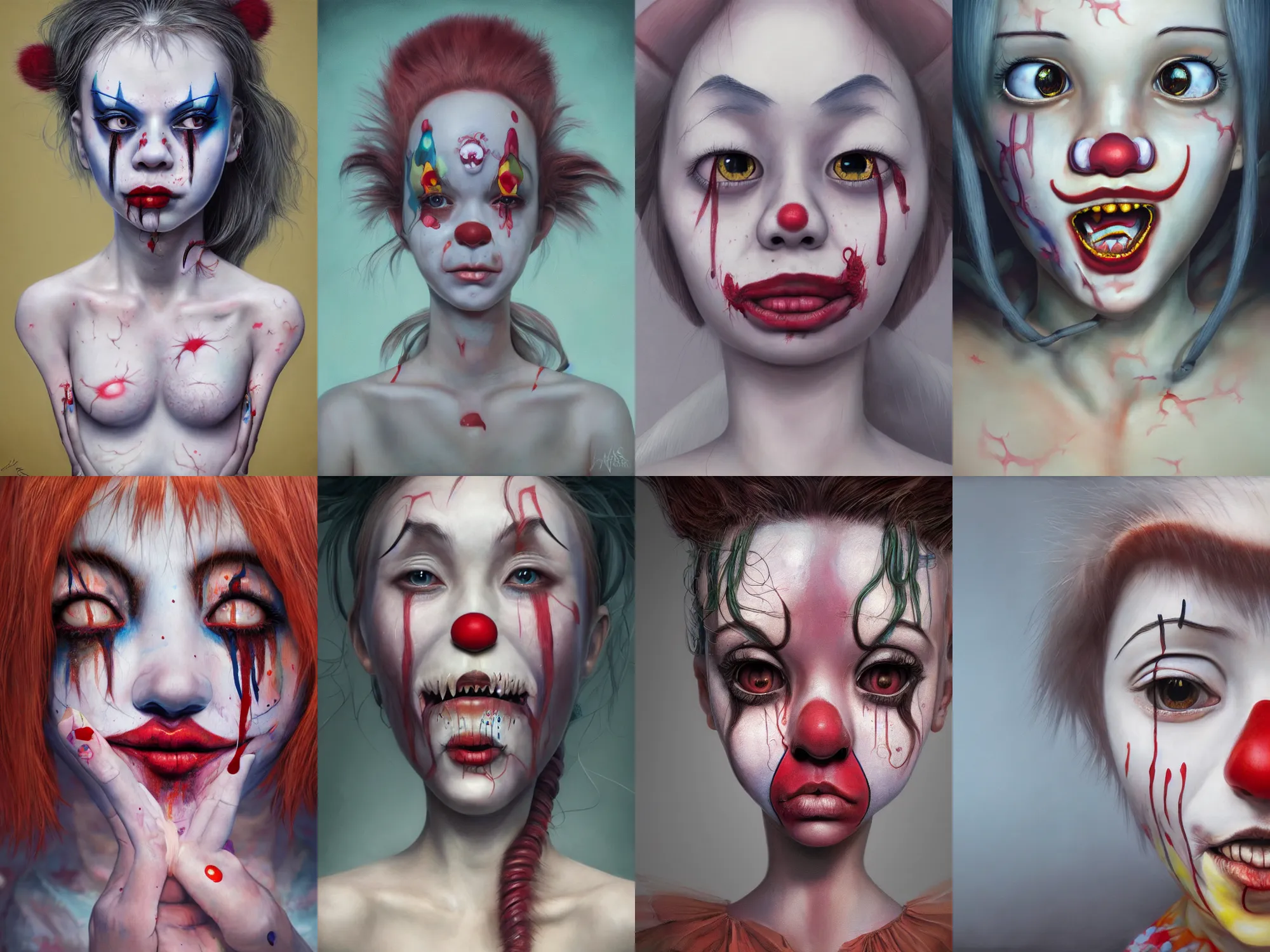 Image similar to detailed painting of clown girl crying, piercing eyes, james jean, miho hirano, hyperrealistic, octane render, ambient light, dynamic lighting