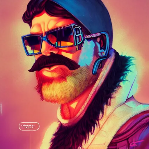 Image similar to Lofi vaporwave cyberpunk bearded man, Pixar style, Tristan Eaton, Stanley Artgerm, Tom Bagshaw