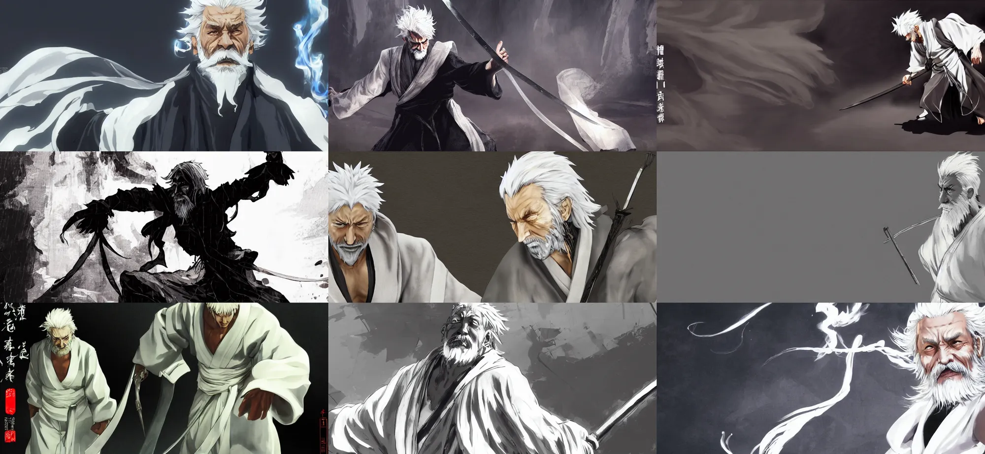 Prompt: Concept art of a lone old man in a one-piece white robe, white hair and white beard, dark smoke follows his movement, full body wuxia, Wudang Swordmanship by Chen Uen, art by Yoji Shinkawa, 4k