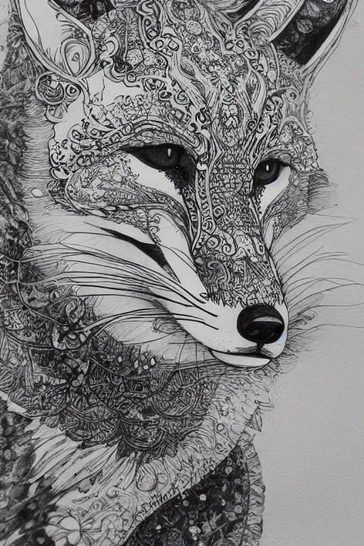 Prompt: intricate and detailed illustration of a fox using ink and water color by teagan white, artstation digital art, 8 k dop dof hdr