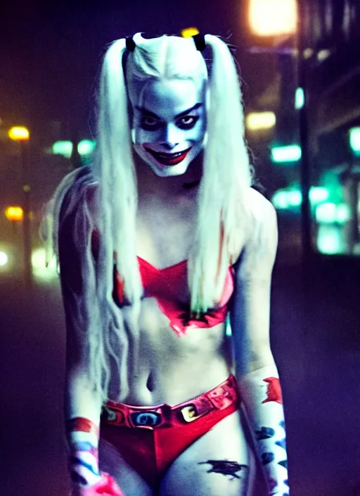 Image similar to 5 0 mm photo of beautiful suicide squad happy margot robbie with long white hair that looks like harley quinn standing on the wet street of dystopian gotham city at night, angry frown, seductive camisole, glamour fashion pose, watercolor, frank miller, moebius, jim lee, cinematic, ridley scott, lens flare, dramatic lighting, annie leibowitz