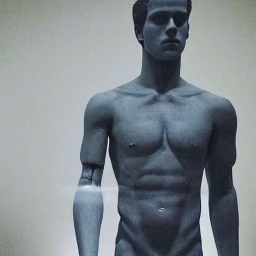 Image similar to “ a realistic detailed photo of a guy who is an attractive humanoid who is half robot and half humanoid, who is a male android, actor liam hemsworth, shiny skin, posing like a statue, blank stare, at the museum, on display ”