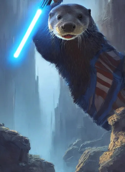 Image similar to portrait, anthropomorphic otter wearing Jedi robes wielding a blue lightsaber in a futuristic river town. Dramatic lighting, cinematic, establishing shot, extremely high detail, photo realistic, post processed, artstation, matte painting, style by eddie mendoza, raphael lacoste, alex ross