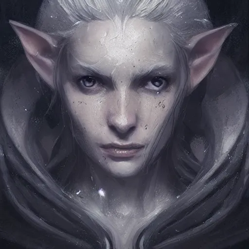 Image similar to portrait of an elf in a black cloak, silver hair and glowing eyes, detailed face, highly detailed, cinematic lighting, digital art painting by greg rutkowski.