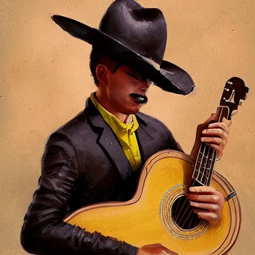 Prompt: a mariachi crying and playing a guitar, by greg rutkowski