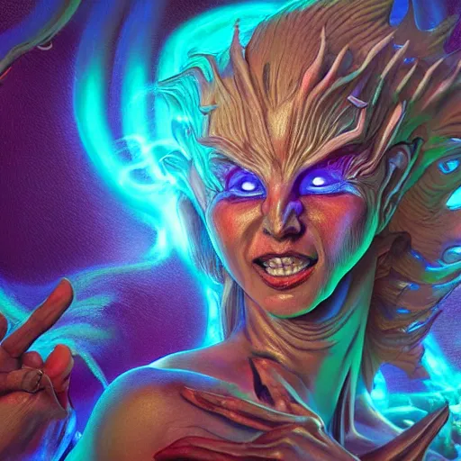 Prompt: Photorealistic demon goddess in the style of Michael Whelan and Akira Toriyama. Hyperdetailed photorealism, 108 megapixels, amazing depth, glowing rich colors, powerful imagery, psychedelic Overtones, 3D finalrender, 3d shading, cinematic lighting, artstation concept art