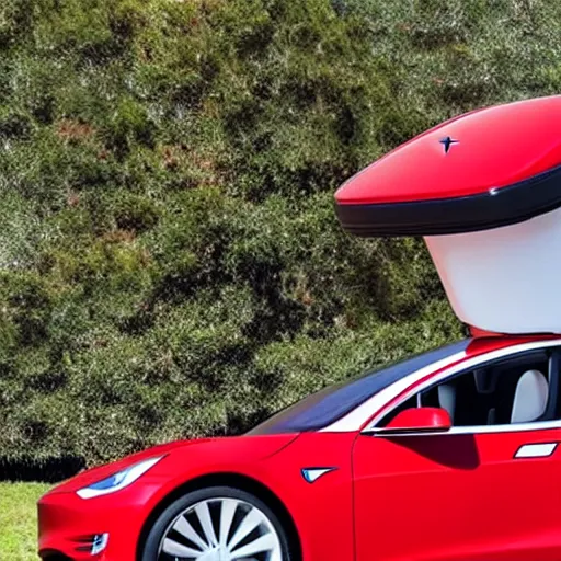 Prompt: a lifesize red tesla 3 made of lizards