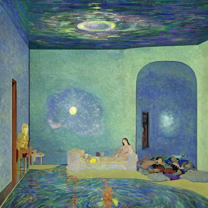 Image similar to interior of a house flooded. aurora borealis. iridescent, psychedelic colors. painting by balthus, piero della francesca, agnes pelton, utamaro, monet