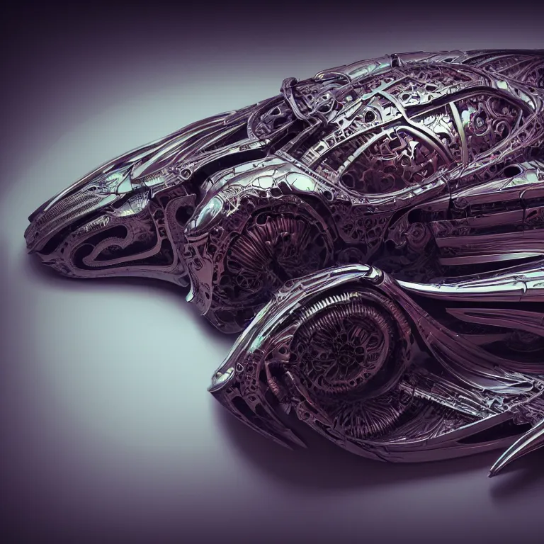 Image similar to biomechanical surreal ribbed spinal dark supercar, concept art, baroque painting, beautiful detailed intricate insanely detailed octane render, 8K artistic photography, photorealistic, chiaroscuro, Raphael, Caravaggio, lit by pastel neon lights