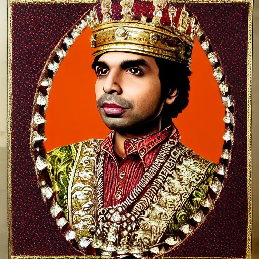 Image similar to portrait of kunal nayyar king of zamunda, with crown amd ornaments