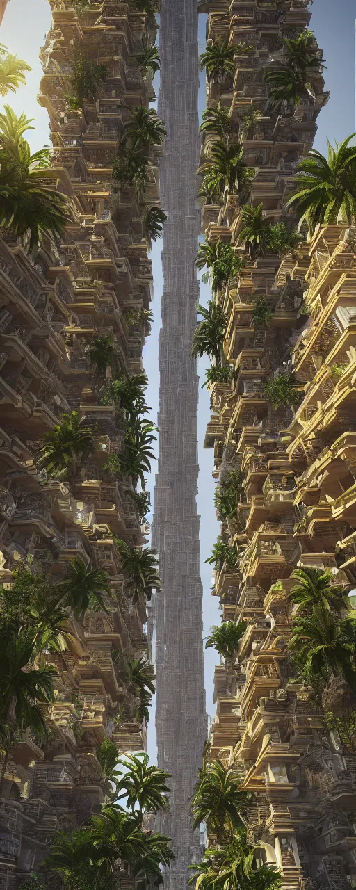 Image similar to photorealistic eye level view of a contemporary babylon tower, golden intricate details, stone facade, sacred ancient architecture, hanging gardens, cascading highrise, arid mountains with lush palm forest, sunlight, post - production, octane, cgi, sfx