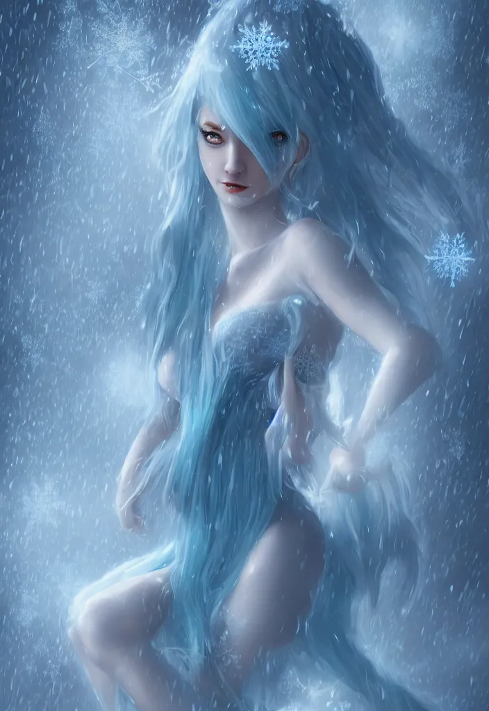 Image similar to a stunningly beautiful woman with pale blue hair wearing a dress made out of snowflake in the middle of a snowstorm. award - winning digital art, trending on artstation