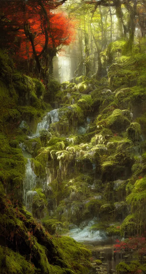 Prompt: ancient forest, moss, waterfall, intricate, vivid colors, brush strokes, elegant, highly detailed, richard schmid, john park, ruan jia, jeffrey catherine jones