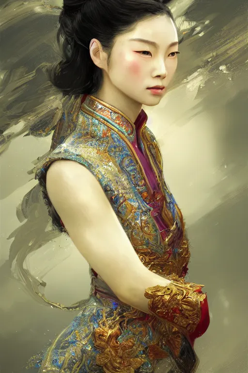 Image similar to chinese princess, gorgeous, portrait, intricate, elegant, volumetric lighting, scenery, digital painting, highly detailed, artstation, sharp focus, illustration, concept art, ruan jia, steve mccurry