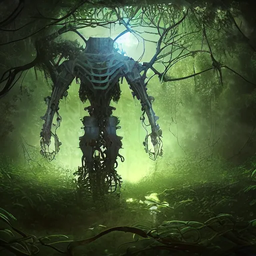 Prompt: large mechanical creature in ethereal forest with vines hanging from the trees, glowing fireflies scattered, desaturated, mystical, sharp focus, highly detailed, artgerm, cgsociety
