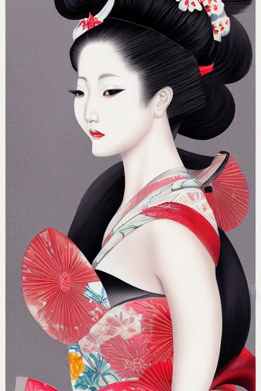 Image similar to pretty seductive geisha, digital art, 8k, character, realistic, portrait, photorealism, japan watercolour, masterpiece art