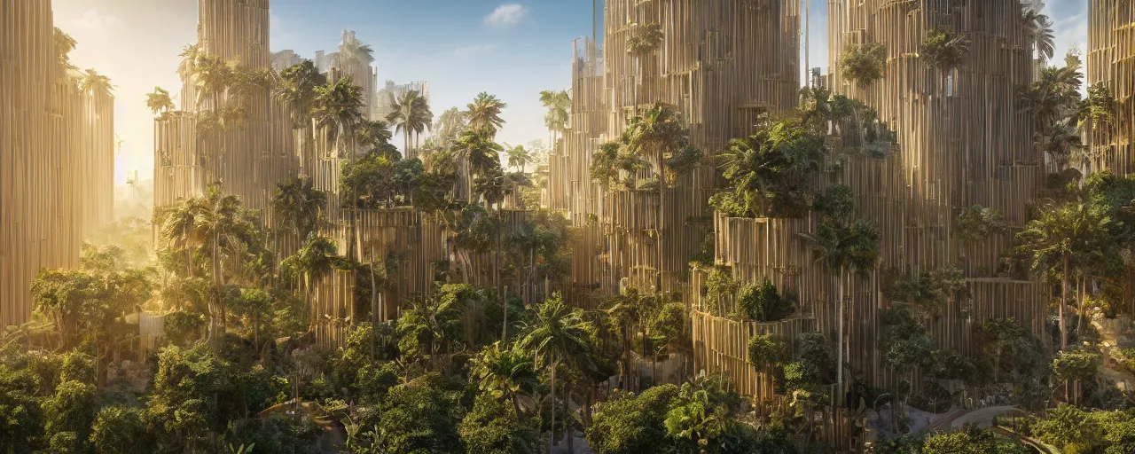 Image similar to contemporary golden babylon tower, sacred ancient architecture, hanging gardens, cascading highrise, arid mountains with lush palm forest, sunlight, post - production, octane, cgi, sfx