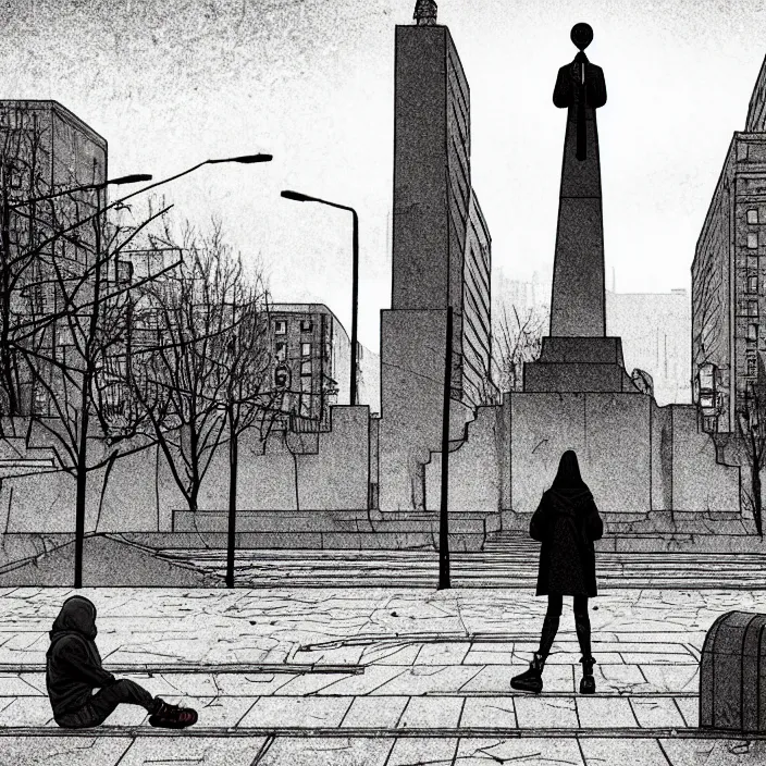 Image similar to storyboard : sadie sink in hoodie sitting on a bench in ruined square, pedestrians walk by, soviet monument and propaganda posters. scifi cyberpunk. by gabriel hardman. cinematic atmosphere, detailed and intricate, perfect anatomy