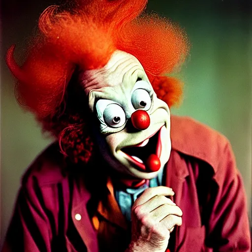 Image similar to uhd photorealisitc candid photo of krusty the clown. photo by annie leibowitz and steve mccurry