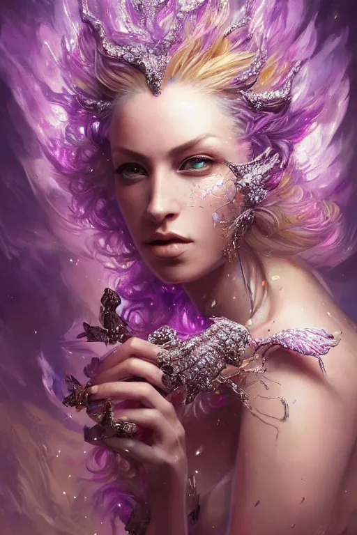 Image similar to beautifulmodel face covered with diamonds wearing crystals, diamonds, angel, fantasy, dramatic lighting, highly detailed, digital painting, magic the gathering, purple background storm, hyper detailed, 3 d render, hyper realistic detailed portrait, peter mohrbacher, wlop, ruan jia