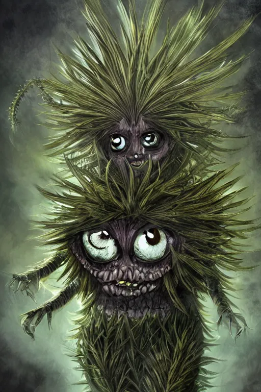 Image similar to a humanoid figure dandelion moss plant monster thistle armour, large eyes and menacing smile, highly detailed, digital art, sharp focus, trending on art station, anime art style