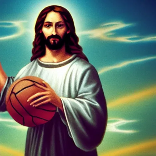 Image similar to jesus holding a cross shaped basketball