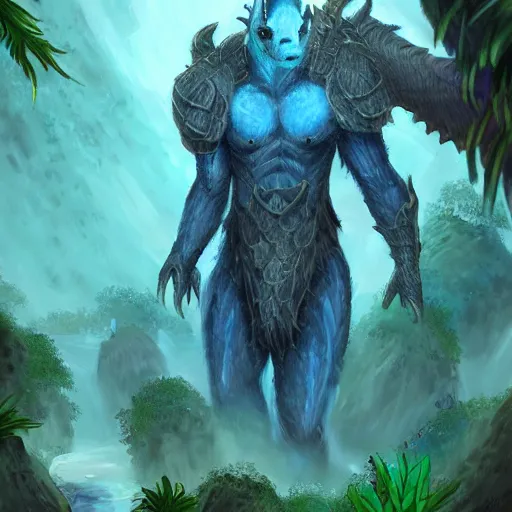 Image similar to A dragonborn with blue scales in a rainforest, trending on artstation, digital art