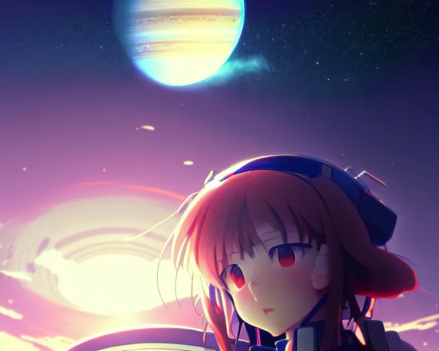 Image similar to anime portrait of a menacing planet sized mech, over looking saturn, wide shot, bokeh, ilya kuvshinov, anime, pixiv top monthly, trending on artstation, cinematic, danbooru, zerochan art, kyoto animation