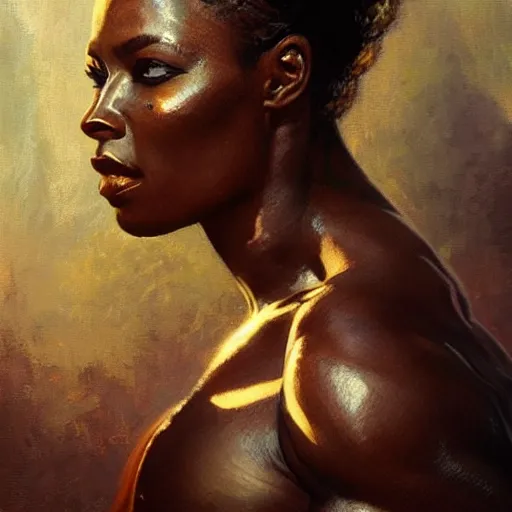 Image similar to : beautiful portrait of a african amazonian woman bodybuilder posing, radiant light, caustics, war hero, metal gear solid, by gaston bussiere, bayard wu, greg rutkowski, giger, maxim verehin