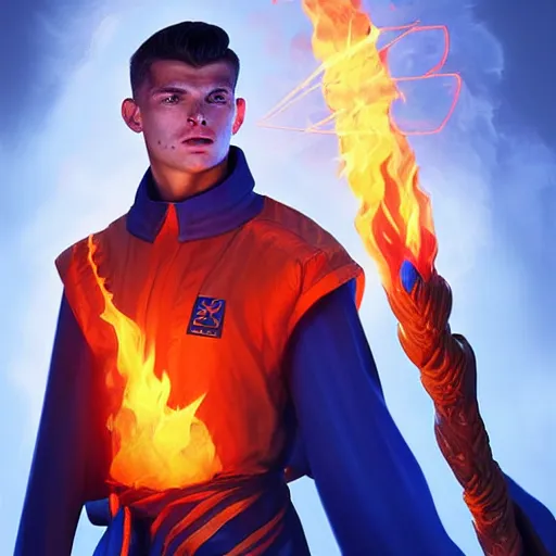 Prompt: Max Verstappen wearing blue monks outfit holding a glowing fire magical staff. Trending on Artstation, octane render, ultra detailed, art by Ross tran