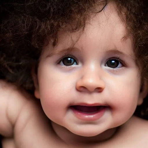 Image similar to a close up portrait of a cute baby with brown eyes and long brown curly hair, award winning photography, ultra high detail, hd, 8k, by Martin Schoeller