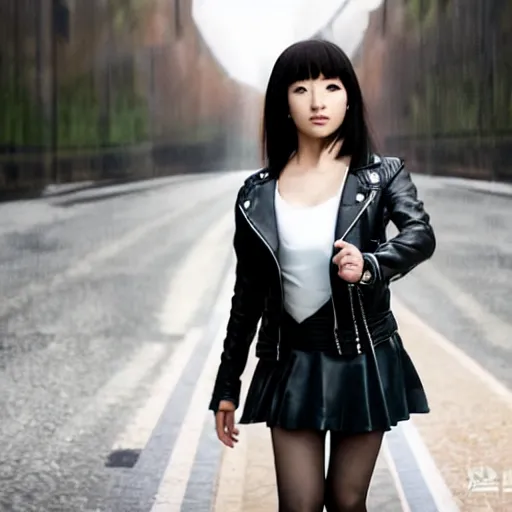 Image similar to a dynamic, epic cinematic 8K HD movie shot of a japanese young J-Pop idol girl wearing leather jacket, miniskirt, nylon tights and high heels boots. Motion, VFX, Inspirational arthouse