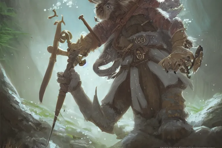 Prompt: dungeons and dragons fantasy painting, portrait of an ashigaru mouse rifleman, whimsical and cute, determined expression, watery eyes, anime inspired by krenz cushart, light grey fur, tufty whiskers, feathered arrows, bamboo forest, dawn lighting, by brian froud jessica rossier and greg rutkowski