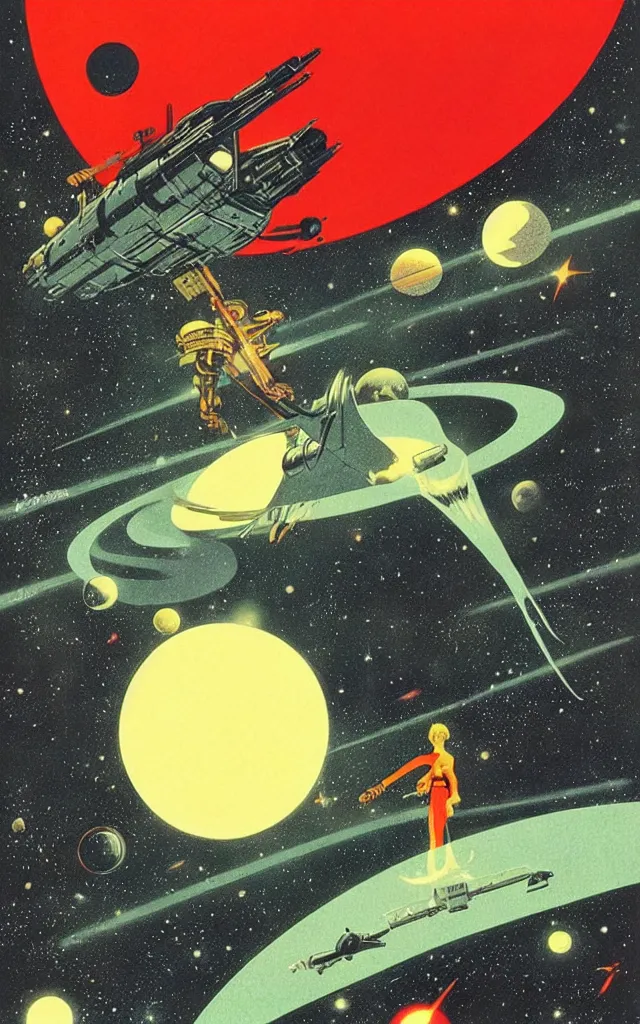 Prompt: space fantasy. bauhaus art. retro comicbook art. dean ellis.