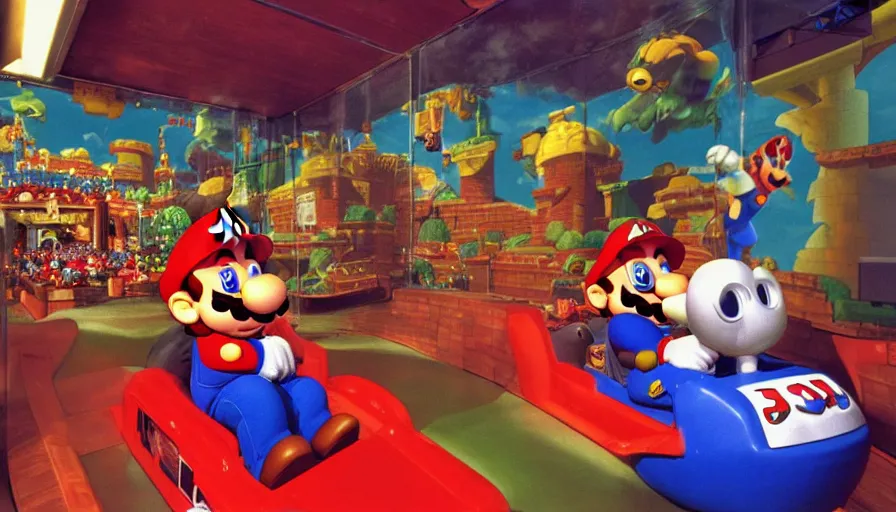 Prompt: 1990s photo of inside the Super Mario ride at Universal Studios in Orlando, Florida, riding Super Mario through Bowser's Castle , cinematic, UHD