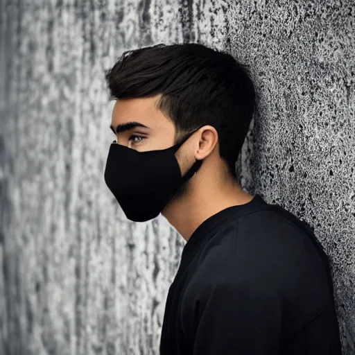 Image similar to professional digital art of a young adult man with short hair wearing a black face mask and a dark sweatshirt leaning against a wall, high quality, HD, 8K, highly detailed, award-winning